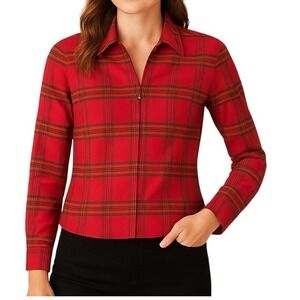 Coldwater Creek Womens Christmas Blouse PS Red Gold‎ Plaid Silk Long Sleeve Zip